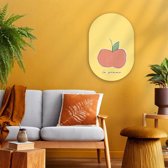 Ovale mural - Décoration murale en plastique - Tableau ovale - Pomme - Fruit - Texte - 40x60 cm - Forme miroir ovale sur plastique
