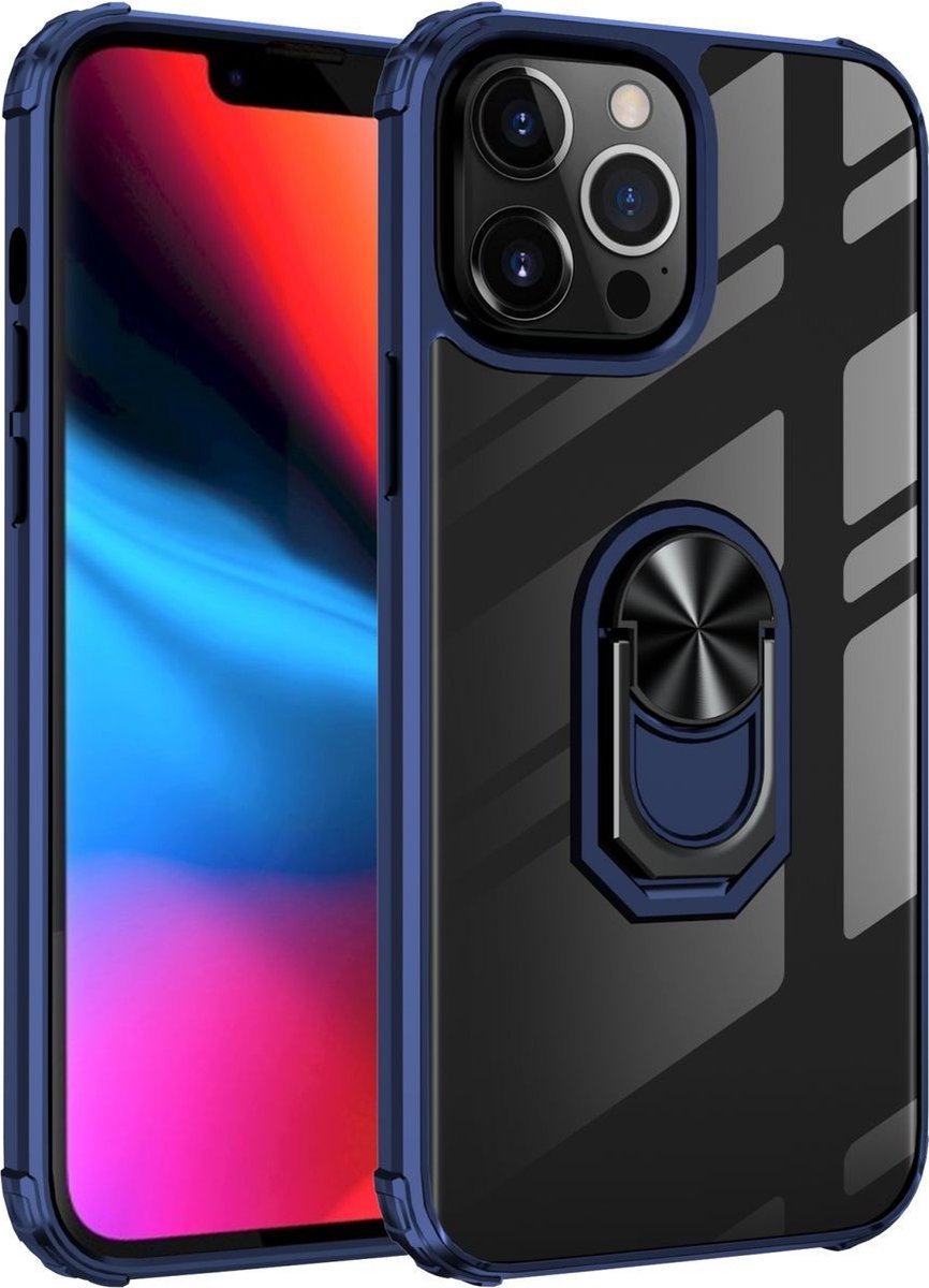 Mobigear Hoesje geschikt voor Apple iPhone 14 Pro Max Telefoonhoesje Hardcase | Mobigear Crystal Ring Backcover met Ringhouder | iPhone 14 Pro Max Case | Back Cover - Transparant / Blauw