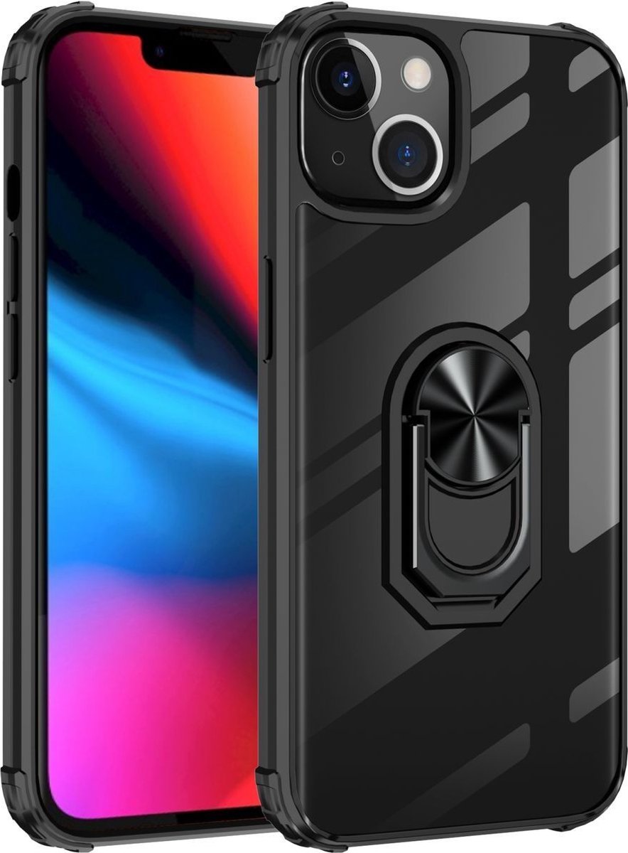 Mobigear Hoesje geschikt voor Apple iPhone 14 Pro Telefoonhoesje Hardcase | Mobigear Crystal Ring Backcover met Ringhouder | iPhone 14 Pro Case | Back Cover - Transparant / Zwart