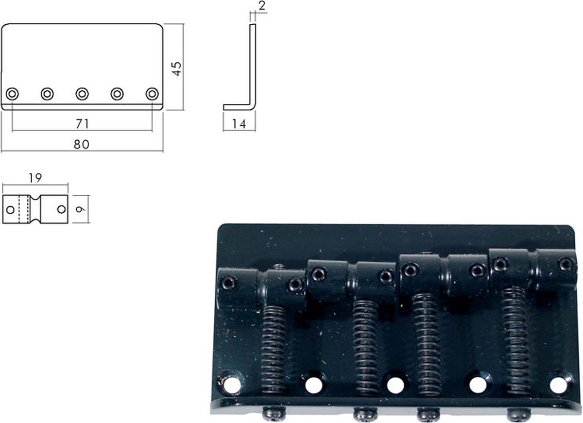 Boston BB-104-B Brug-Staartstuk voor Jocker/Puncher Basgitaar - 19mm Zwart
