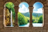 Fotobehangkoning - Fotobehang - Vliesbehang - Behang - Uitzicht op het Landschap met de Waterval door de Pilaren 3D - 152,5 x 104 cm