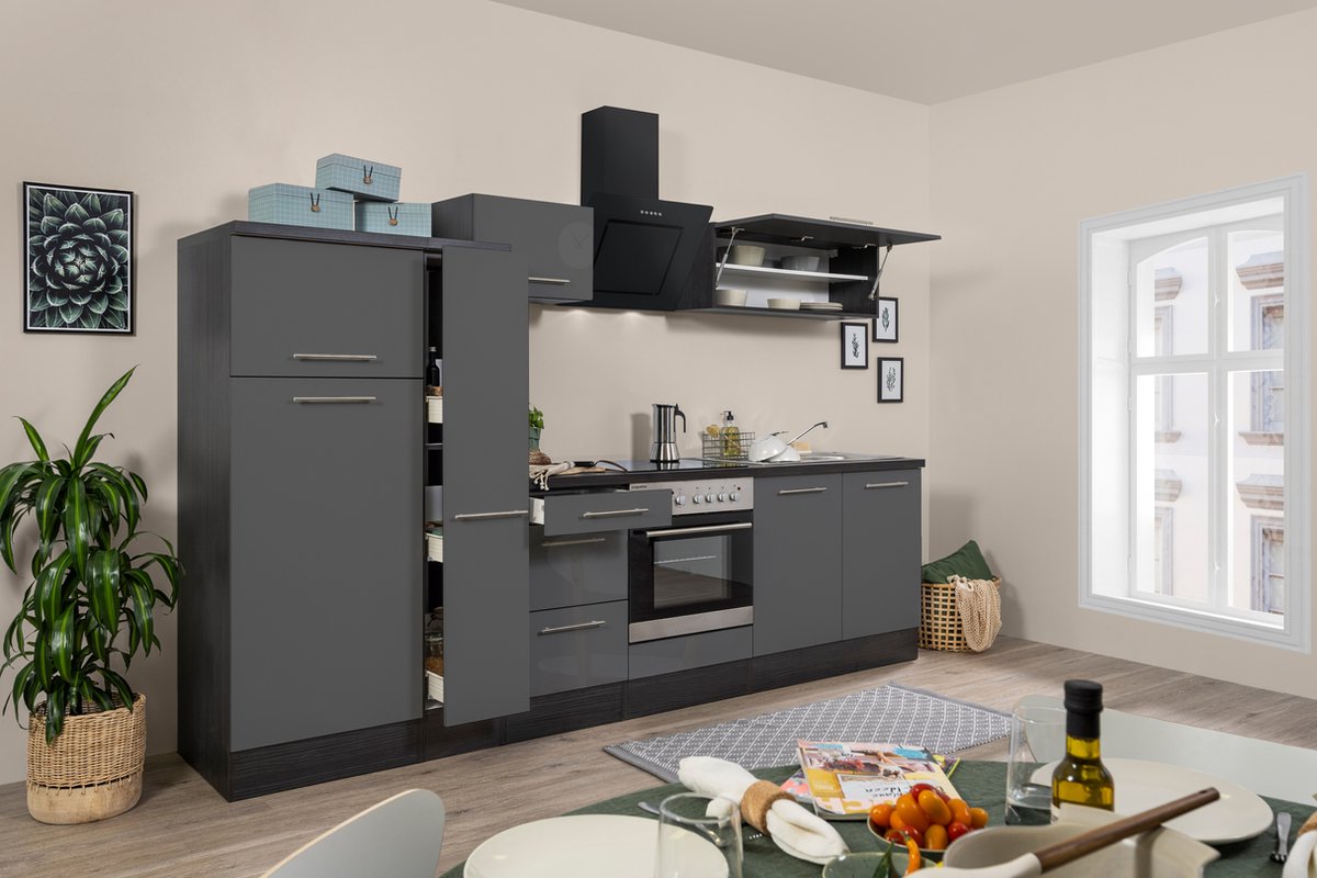 Goedkope keuken 300 cm - complete keuken met apparatuur Amanda - Eiken grijs/Grijs - soft close - keramische kookplaat - afzuigkap - oven - spoelbak