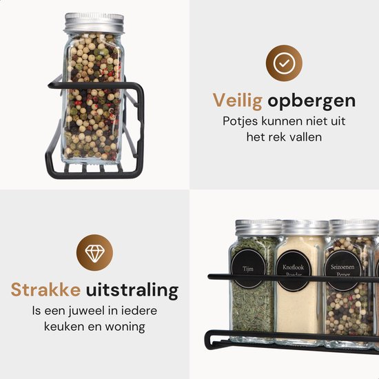 Comforder Spice Rack Étagères à épices - Spice Organizer - 4 Spice Racks - for 24 Pots d'herbes aromatiques - Zwart