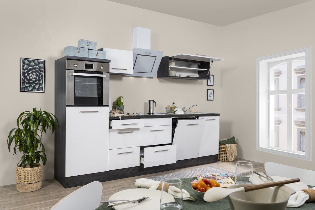 Goedkope keuken 280 cm - complete keuken met apparatuur Amanda - Eiken grijs/Wit - soft cl