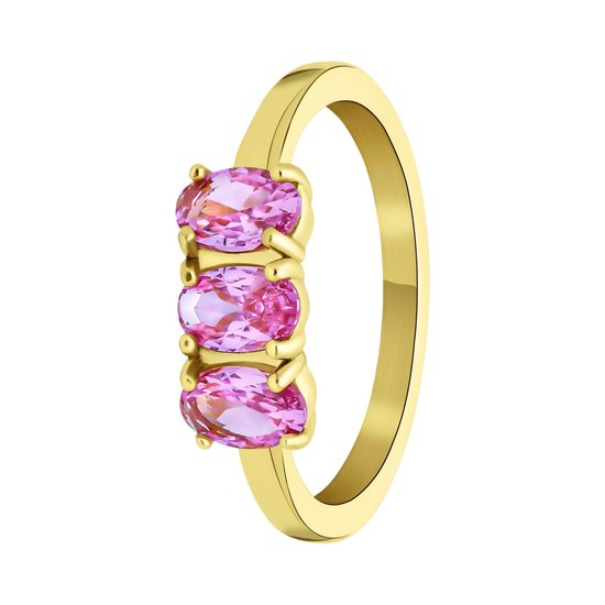 Stalen goldplated vintage ring met drie roze zirkonia