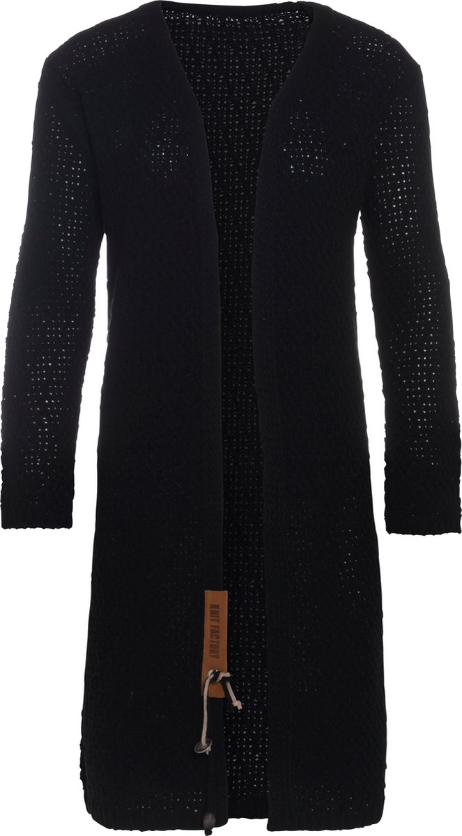 Knit Factory Luna Lang Gebreid Vest Zwart - Gebreide dames cardigan - Lang vest tot over de knie - Zwart damesvest gemaakt uit 30% wol en 70% acryl - Grote maat - 50/52