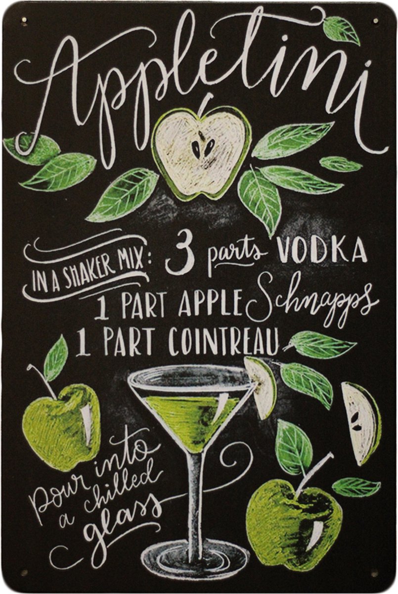 Cave & Garden Appletini cocktail wandbord - Metalen Wandbord - Metalen bordjes mancave - Mancave decoratie - Metal sign - Tekstborden - Bar decoratie - 20 x 30cm groen