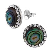 Zilveren oorbellen | Zilveren oorstekers, ronde Abalone steen met rand van kristallen