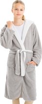 HOMELEVEL Badjas voor kinderen met capuchon - Dubbelzijdige ochtendjas in grijs en wit - Unisex badjas met zakken - Maat 158/164