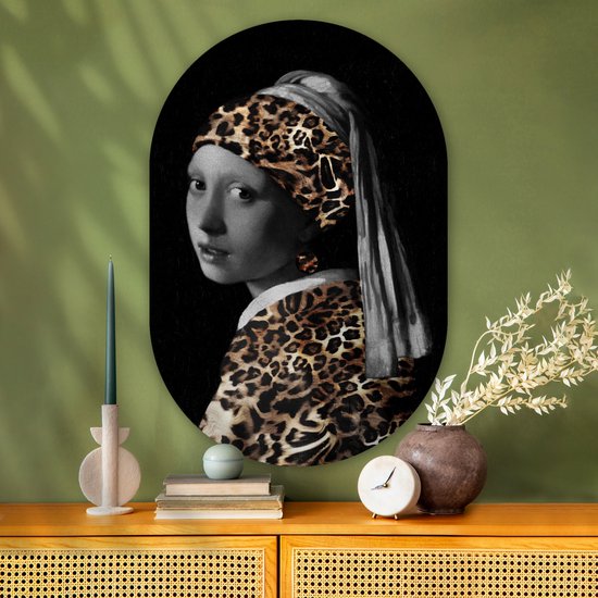 Wall Oval - Décoration murale en plastique - Peinture ovale - La jeune fille à la perle - Johannes Vermeer - Imprimé panthère - 80x120 cm - Forme miroir ovale sur plastique