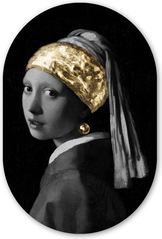 Muurovaal - Kunststof Wanddecoratie - Ovalen Schilderij - Meisje met de parel - Johannes Vermeer - Goud - 60x90 cm - Ovale spiegel vorm op kunststof