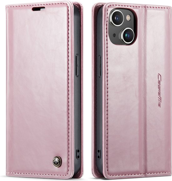 CaseMe - Coque de téléphone adaptée pour Apple iPhone 14 - Etui portefeuille à rabat - Fermeture magnétique - Rose