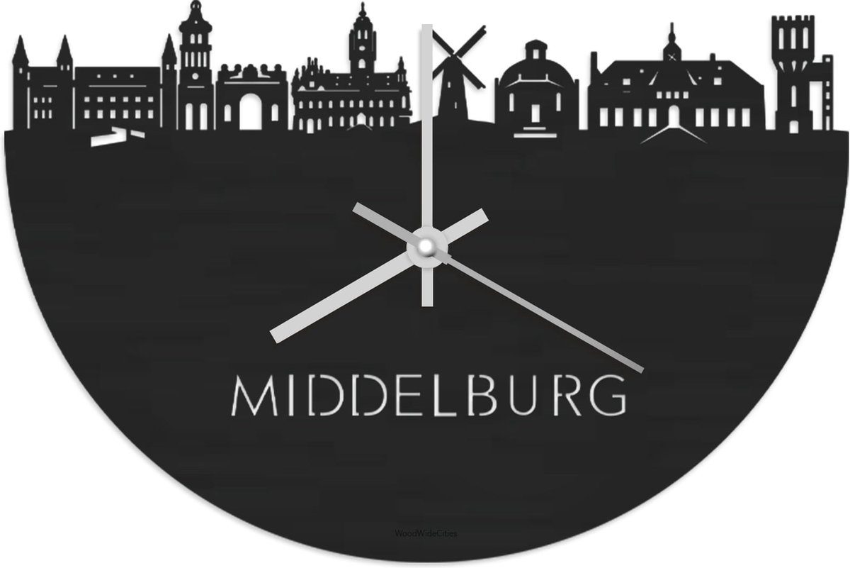 Skyline Klok Middelburg Zwart hout - Ø 40 cm - Stil uurwerk - Wanddecoratie - Meer steden beschikbaar - Woonkamer idee - Woondecoratie - City Art - Steden kunst - Cadeau voor hem - Cadeau voor haar - Jubileum - Trouwerij - Housewarming -