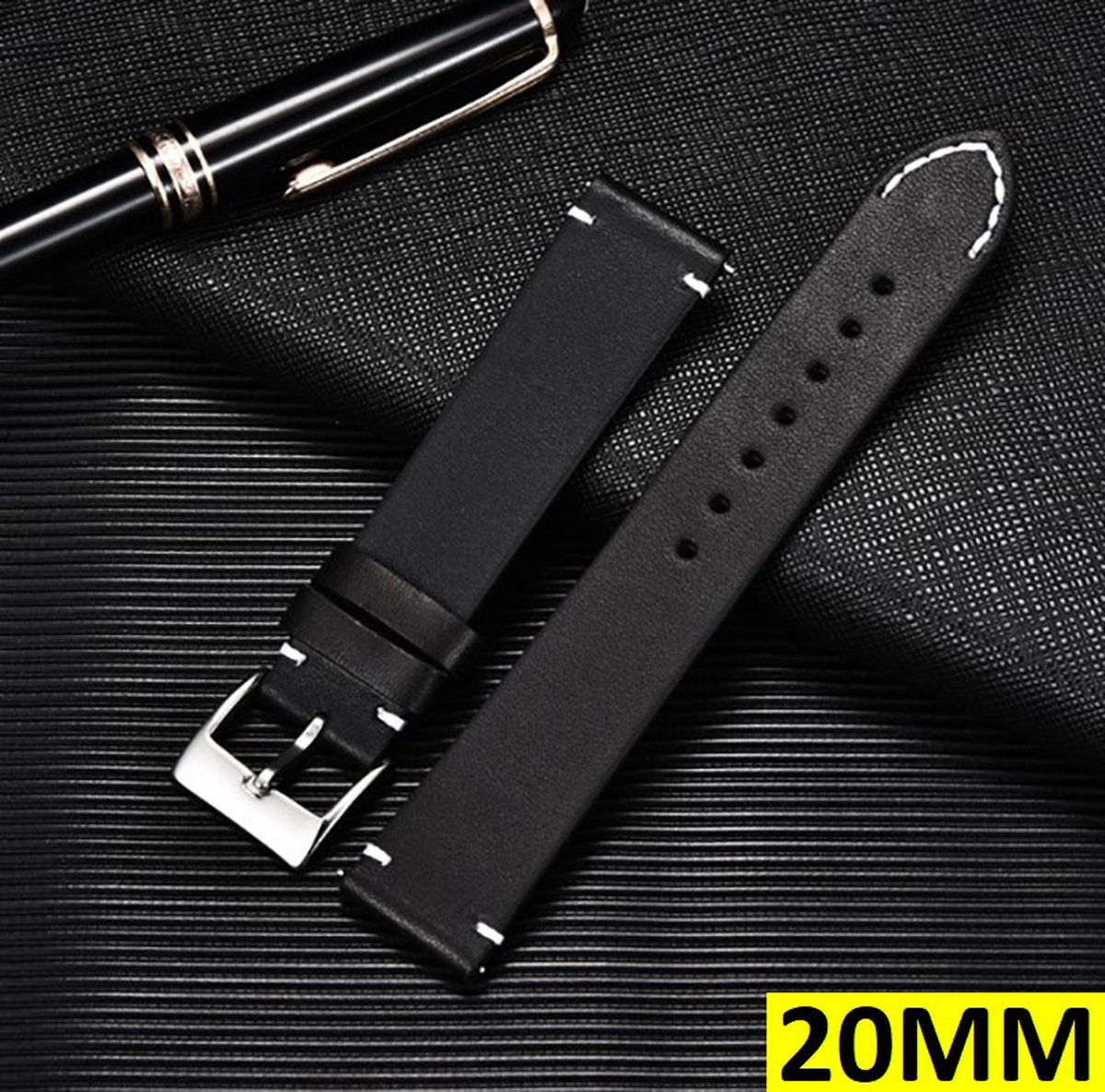 Lederen Horloge Band - Horlogebandje - Strap - Universeel - 20MM - Zwart