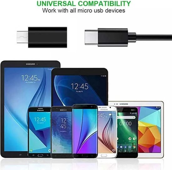 Zwarte Micro USB en USB-C stekkers, met een groep Samsung telefoons en tablets.