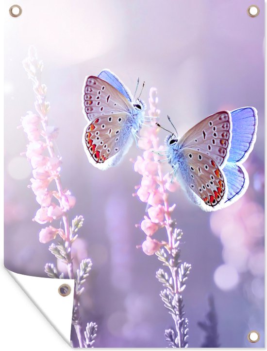 Tuinschilderij Vlinder - Lavendel - Bloemen - Paars - 60x80 cm - Tuinposter - Tuindoek - Buitenposter