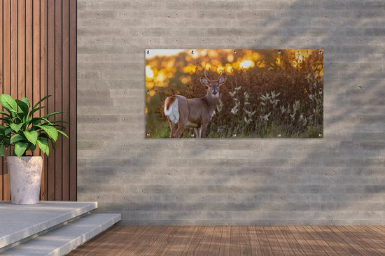 Décoration murale extérieure Cerf - Plantes - Coucher de soleil - Animaux sauvages - Nature - 160x80 cm - Toile jardin - Poster extérieur