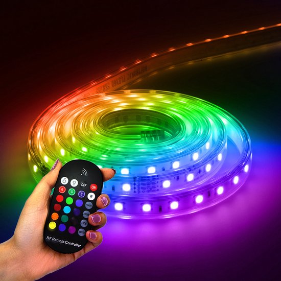 HOFTRONIC Flex60 - RGB LED Strip lichtslang 2m - 60 LEDs per meter 5050 SMD - 308 lumen per meter - IP65 voor binnen en buiten - Dimbaar via afstandsbediening - Waterdicht en UV bestendig - Per meter inkortbaar - Incl. Voedingskabel