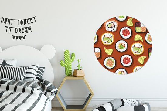 WallCircle - Wall Circle - Wall Circle - Illustration Sushi sur Fond Marron - Aluminium - Dibond - 90x90 cm - Intérieur et Extérieur