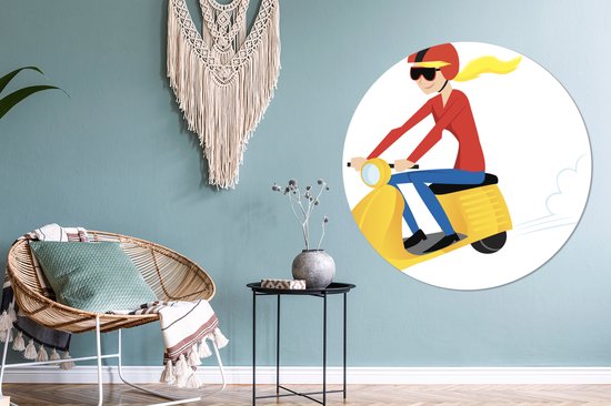 Illustration d'une fille sur une Vespa jaune Cercle mural aluminium ⌀ 120 cm - tirage photo sur cercle mural / cercle vivant / cercle jardin (décoration murale) XXL / Groot format!
