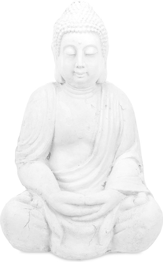 Statue de Bouddha blanche assise, 70 cm de haut, sur fond blanc.