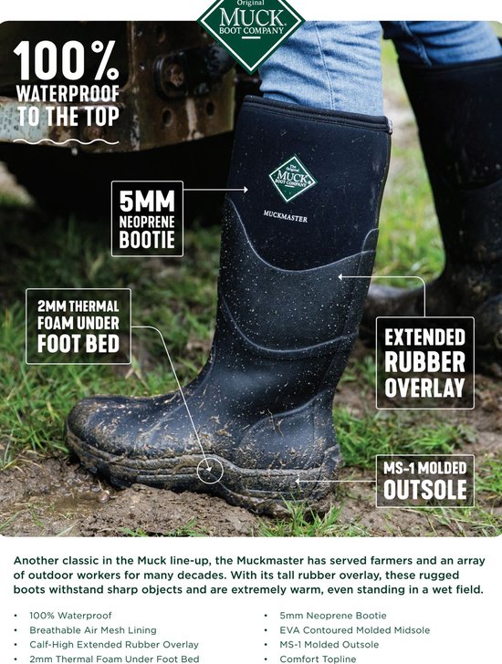 Zwarte Muckmaster laars met tekst overlays die waterdichtheid en materialen benadrukken.