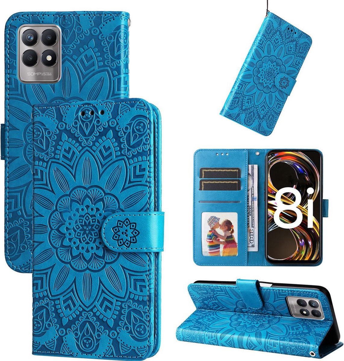 Mobigear Telefoonhoesje geschikt voor Realme Narzo 50 4G Hoesje | Mobigear Sunflower Bookcase Portemonnee | Pasjeshouder voor 3 Pasjes | Telefoonhoesje voor Pinpas / OV Kaart / Rijbewijs - Blauw