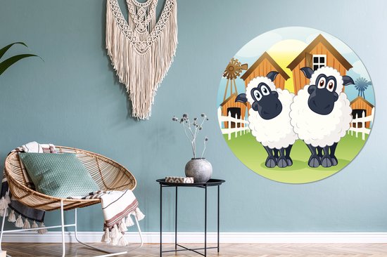 Une illustration de deux moutons devant une ferme. Cercle mural en aluminium ⌀ 140 cm