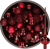 Decoris Kerstballen - 37x stuks - 6 cm - donkerrood - kunststof - incl. glazen piek glans