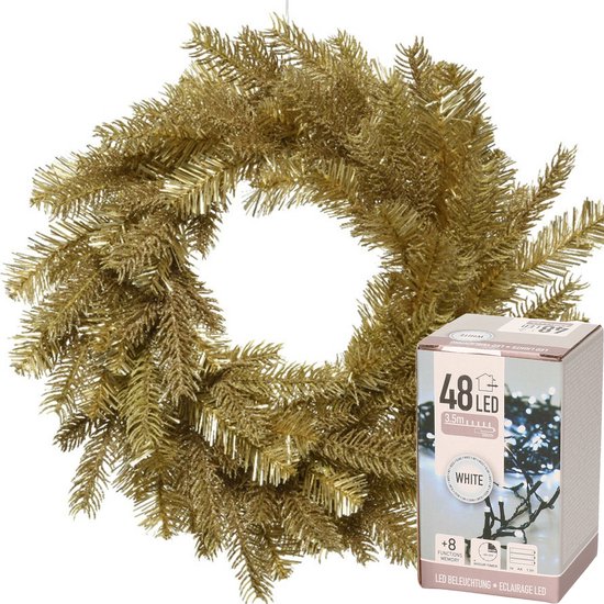 Decoris Kerstkrans - goud glitter - D50 cm - incl. verlichting helder wit