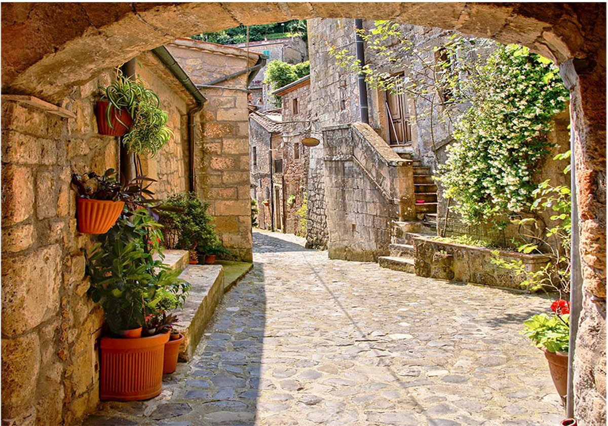 Fotobehangkoning - Behang - Vliesbehang - Fotobehang Toscaanse Steeg 3D - Toscane - Italië - Provincial alley in Tuscany - 400 x 280 cm