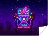 Game Poster - Gaming - Neon - Play - Blauw - Nacht - Controller - 80x60 cm - Game room decoratie