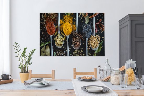 Tableau sur toile Herbes - Cuillère - Épices - Zwart - Cuisine - 140x90 cm - Décoration murale