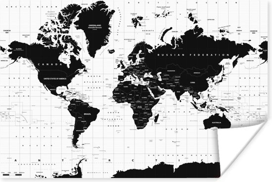 Wanddecoratie - Wereldkaart - Zwart - Wit - Atlas - Aarde - Educatief - 90x60 cm - Poster