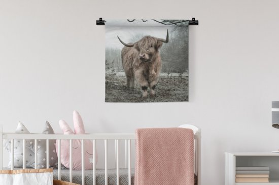 Tenture murale - Tissu mural - Scottish Highlander - Forêt - Brouillard - 60x60 cm - Tapisserie