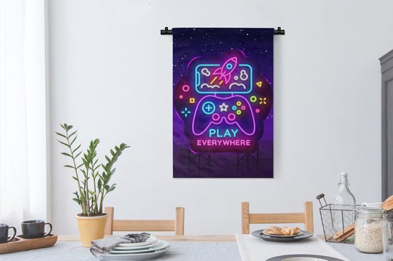 Tapisserie - Tapisserie - Gaming - Néon - Play - Blauw - Nuit - Manette - 60x90 cm - Tapisserie