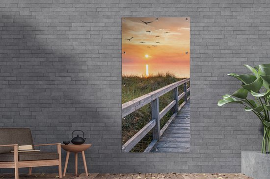 Affiche clôture Coucher de soleil - Mer - Chemin - Herbe - Dune - Vogels - 100x200 cm - Toile jardin
