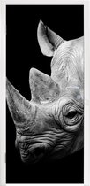 Deursticker Dieren - Neushoorn - Zwart - Wit - Portret - 85x205 cm - Deurposter