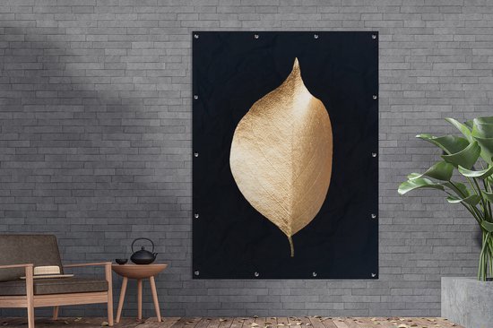 Muurdecoratie buiten Bladeren - Goud - Zwart - Planten - Luxe - 120x160 cm - Tuindoek - Buitenposter