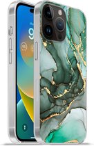 Geschikt voorApple Iphone 14 Pro - Softcase hoesje - Goud - Marmer print - Groen - Luxe - Marmer printlook - Grijs - Siliconen Telefoonhoesje