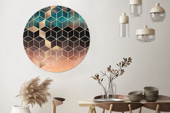 WallCircle - Stickers muraux - Cercle de papier peint - Abstrait - Cube - Or - Motifs - Luxe - 120x120 cm - Cercle mural - Autocollant - Papier peint autocollant rond XXL