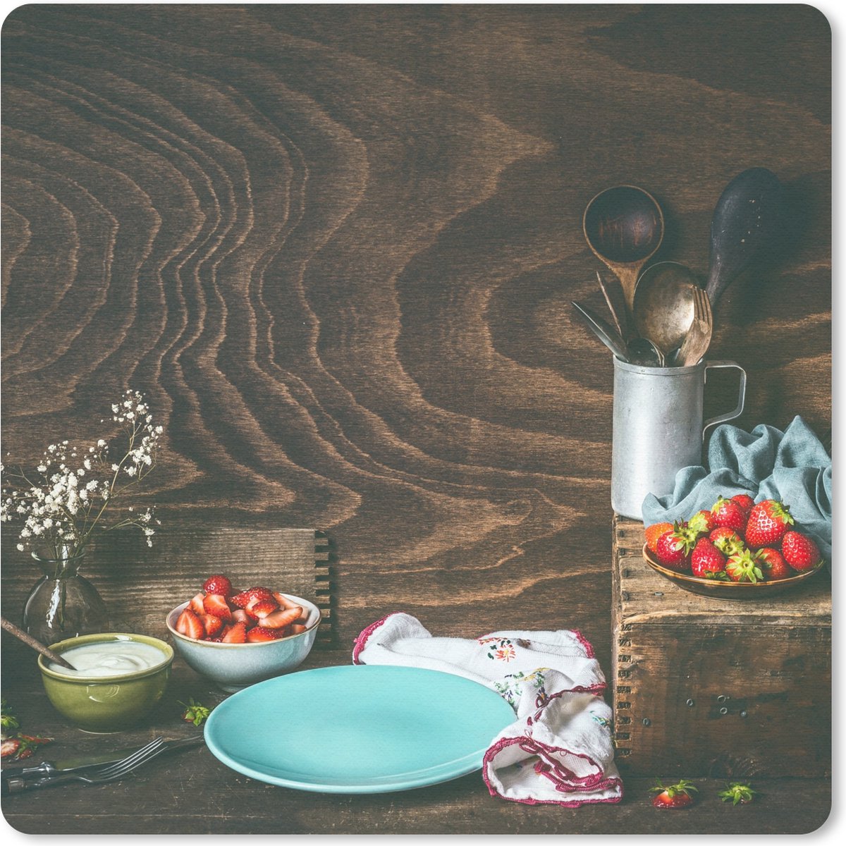 Muismat 30x30 cm - Mousepad Rustiek - Fruit - Keukengerei - Aardbei - Muismatten