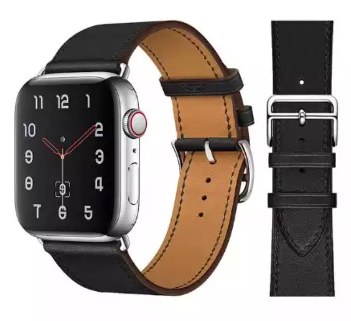 UrbanGoods - Horlogebandje - Geschikt voor Apple Watch - Zwart - Echt Leder - 42 - 44 - 45 mm - Smartwatch iWatch