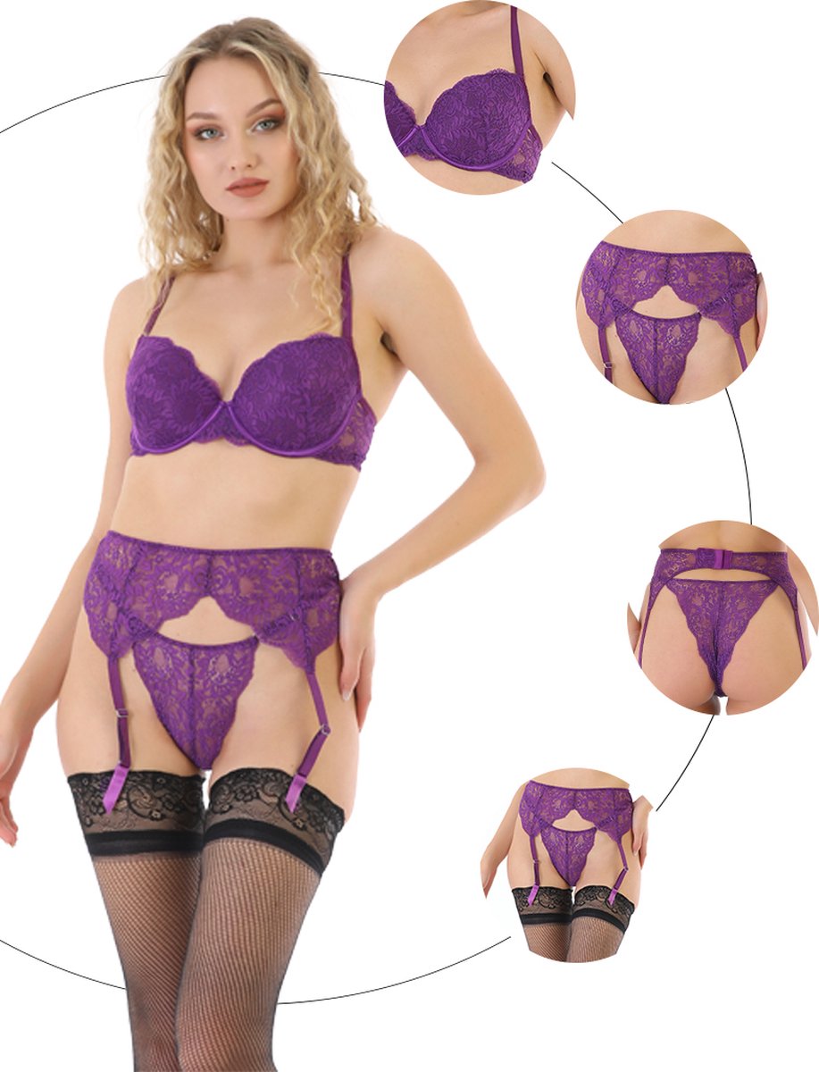 Purple-Daisy Colors Sexy Kanten Lingerie Setje voor vrouwen | 5 Delige Set | Voorgevormd met beugel Push up BH + string + kanten jarretel + 1 paar kousen + 1 paar visnet kousen - Maat 90B - PAARS - Maat 90B - PAARS