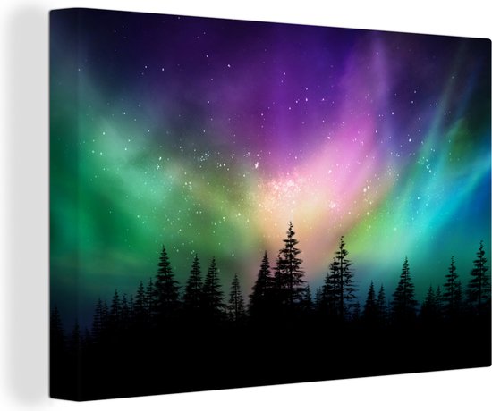 Canvas schilderij 60x40 cm - Wanddecoratie Noorderlicht - Sterrenhemel - Bos - Canada - Muurdecoratie woonkamer - Slaapkamer decoratie - Kamer accessoires - Schilderijen op canvas
