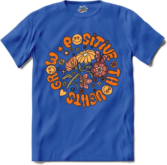 Flower Power - Grow Positive Thoughts - Vintage Aesthetic - T-Shirt - Meisjes - Royal Blue - Maat 12 jaar