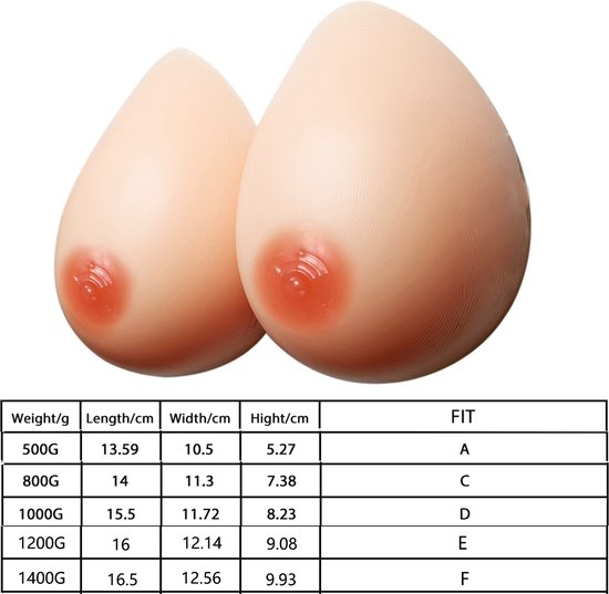Marielove Premium borstprothesen, cup C/D, siliconen borsten Polly, 1000 g met kleeflaag beha-inzetstuk, siliconen boezem in druppelvorm, realistisch, beige