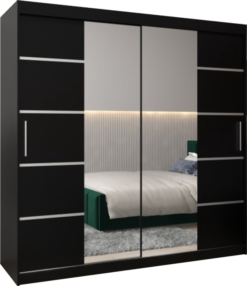 AJE Meubles B.V. InspireMe - Kledingkast met 2 schuifdeuren, Modern-stijl, Kledingkast met planken (BxHxD): 200x200x62 - VENTILA IV 200 Zwart Mat met 4 lades