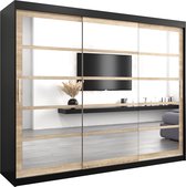 InspireMe - Kledingkast met 3 schuifdeuren, Modern-stijl, Een kledingkast met planken en een spiegel (BxHxD): 250x200x62 - VENEZIA II 250 Zwart Mat + Sonoma Eik mat 4 lades