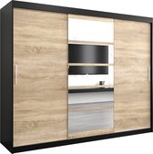 InspireMe - Kledingkast met 3 schuifdeuren, Modern-stijl, Een kledingkast met planken en een spiegel (BxHxD): 250x200x62 - VENEZIA I 250 Zwart Mat + Sonoma Eik mat 4 lades